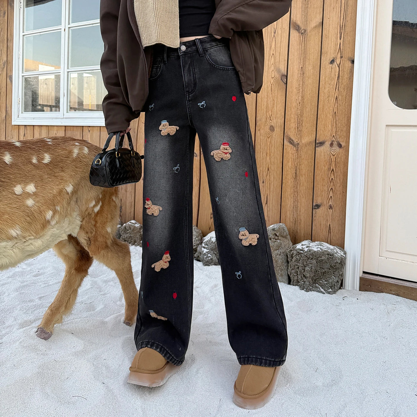 Embroidered Dog Straight-Leg Jeans - Korean Casual Denim