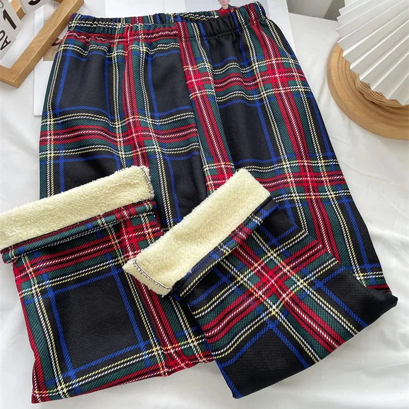 Fleece Lined Plaid Trousers - Straight Winter Fit