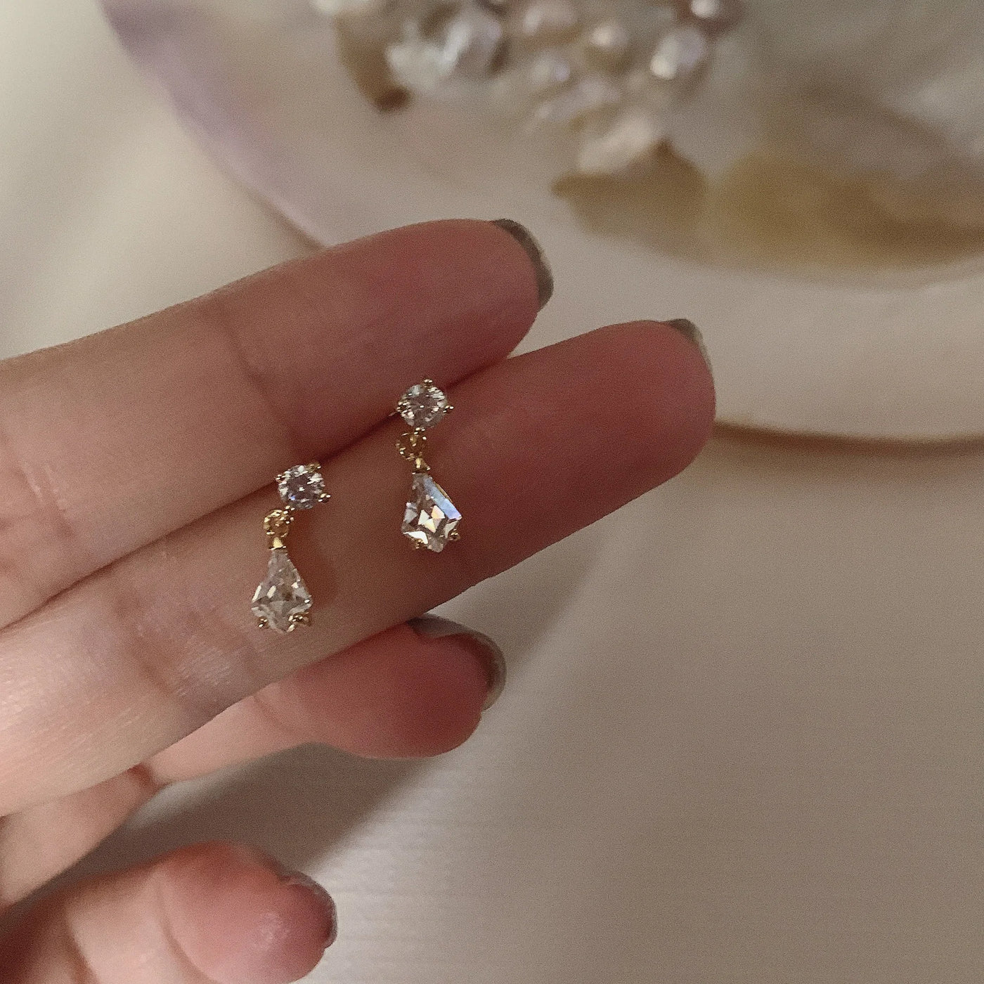 Gold-Plated Zircon Stud Earrings - Shiny Minimal Sparkle