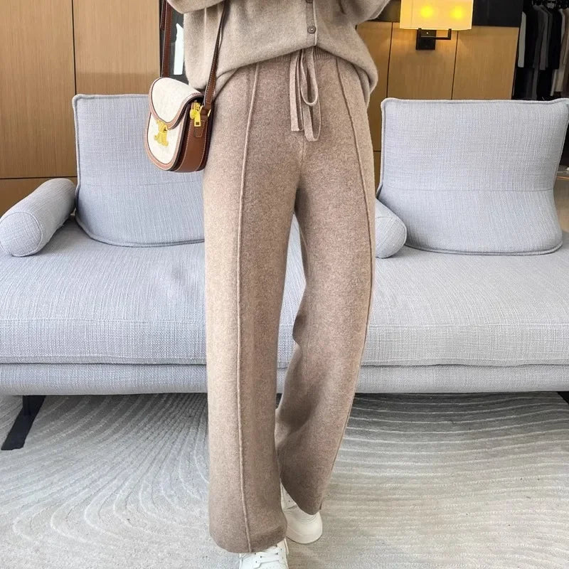 Knitted Wide Leg Pants - High Waist Relaxed Fit