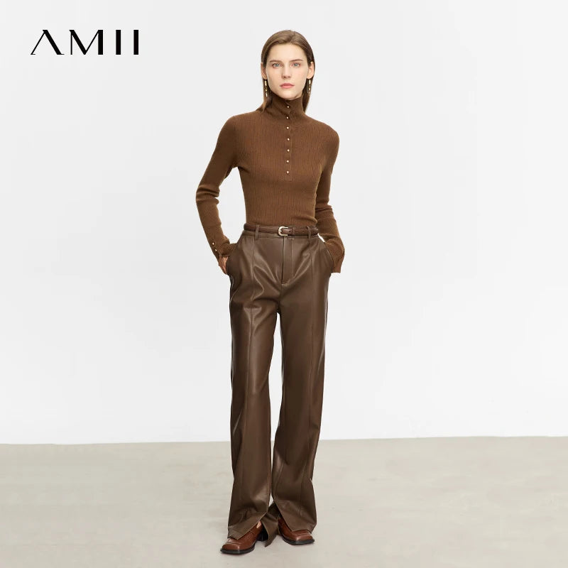 PU Leather Straight Pants - Floor Length Slit Design