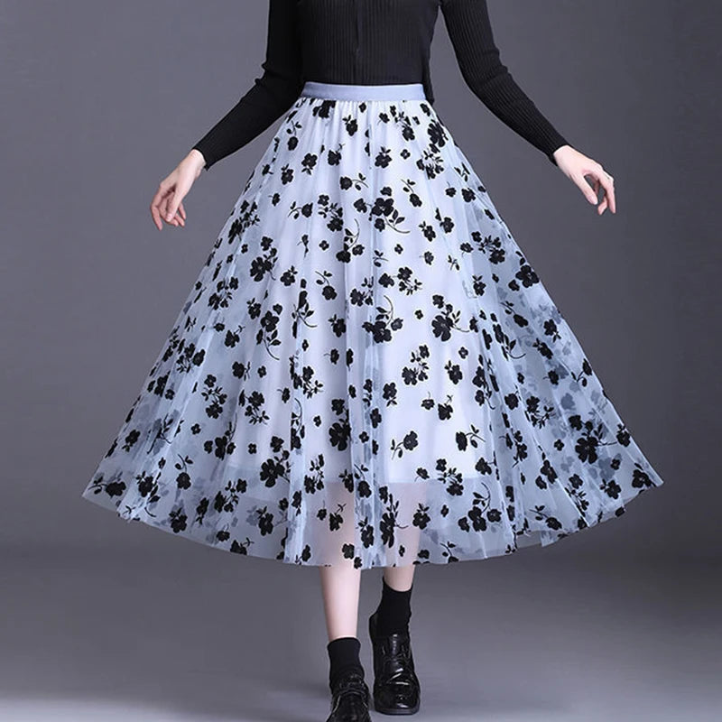 Floral Tulle Midi Skirt - Light Mesh Layered Style