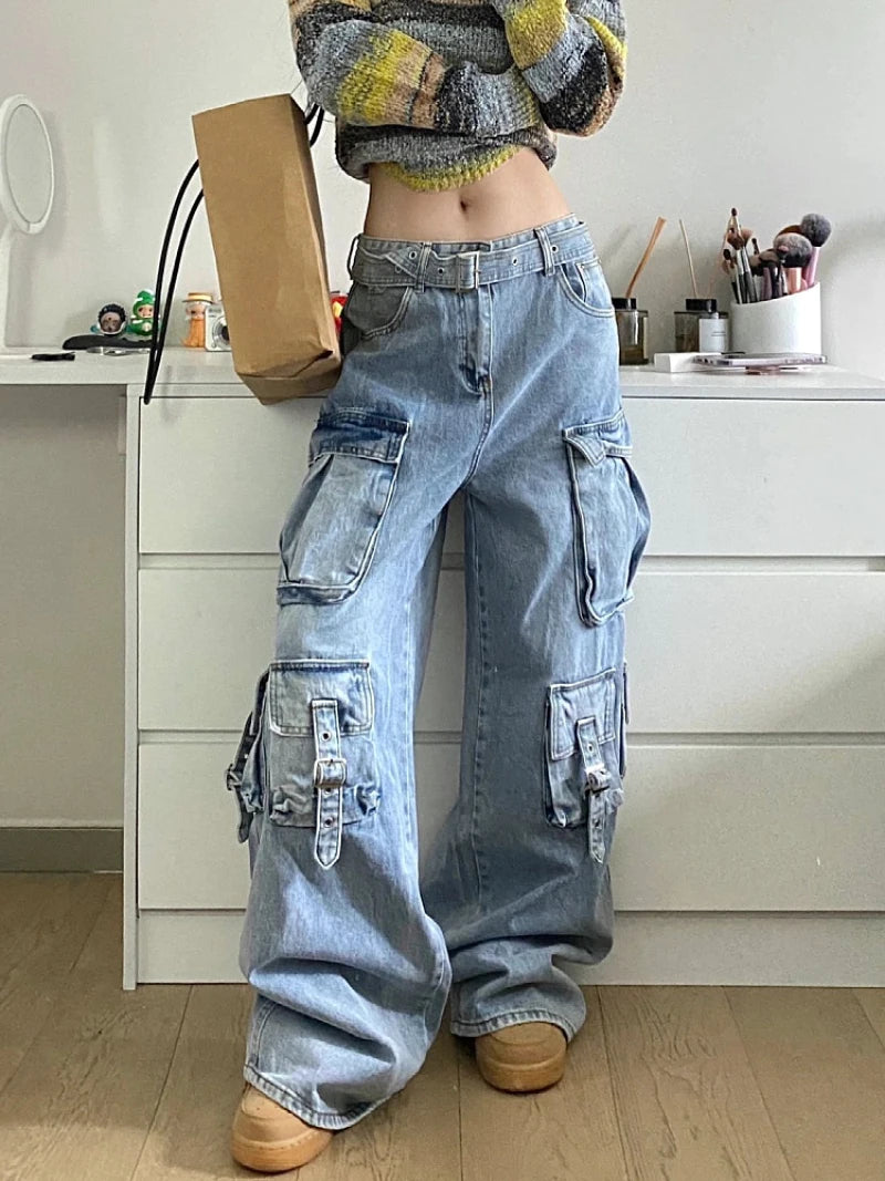 Baggy Cargo Wide-Leg Jeans - Multi-Pocket Street Style