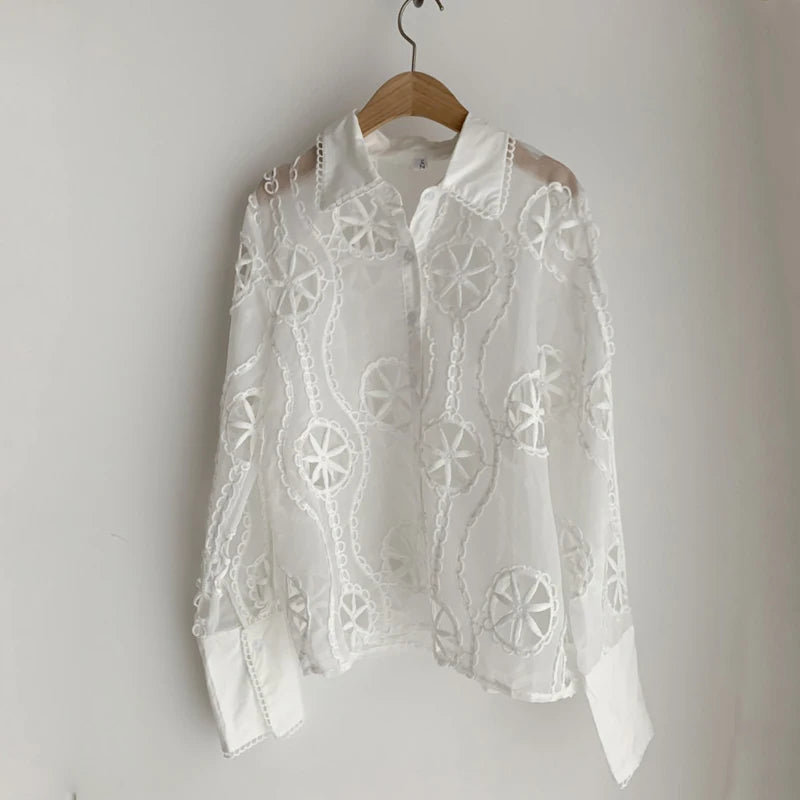 Floral Embroidery Hollow Blouse - Long Sleeve Vintage Shirt