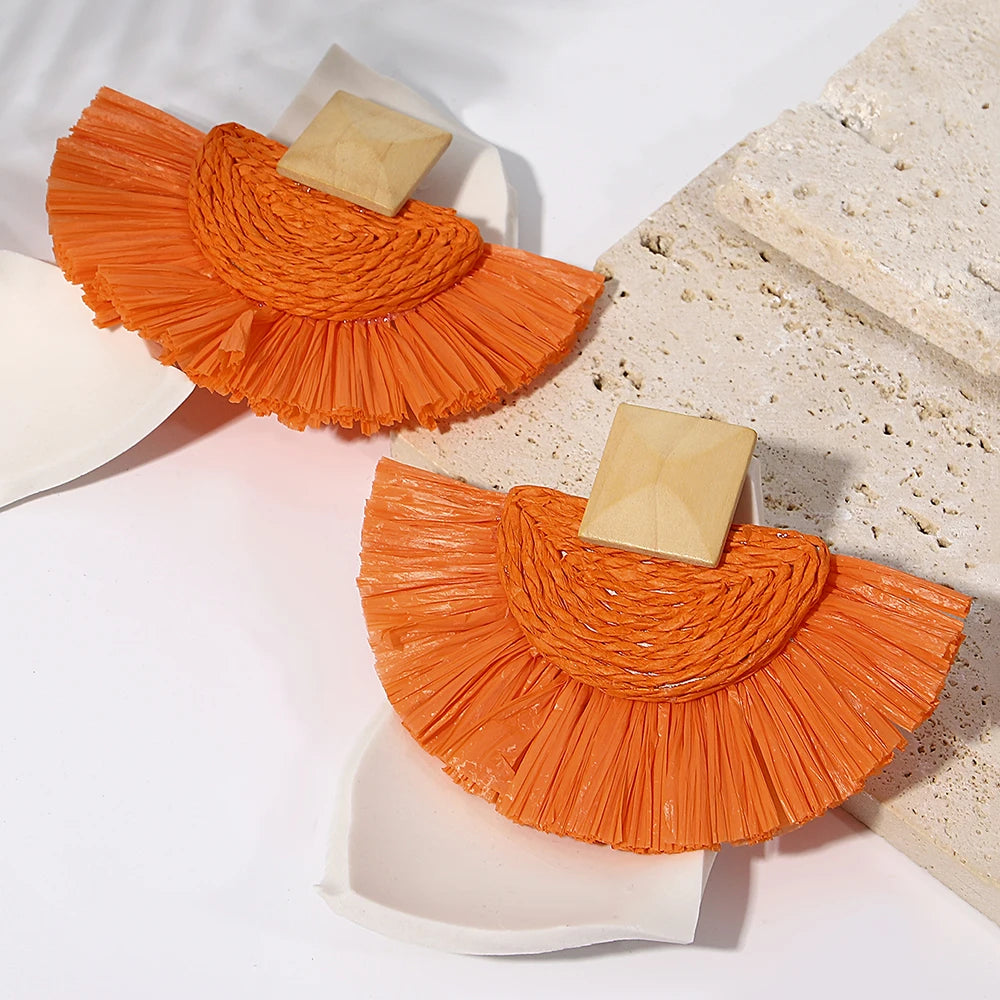 Raffia Fan Drop Earrings - Handmade Summer Statement