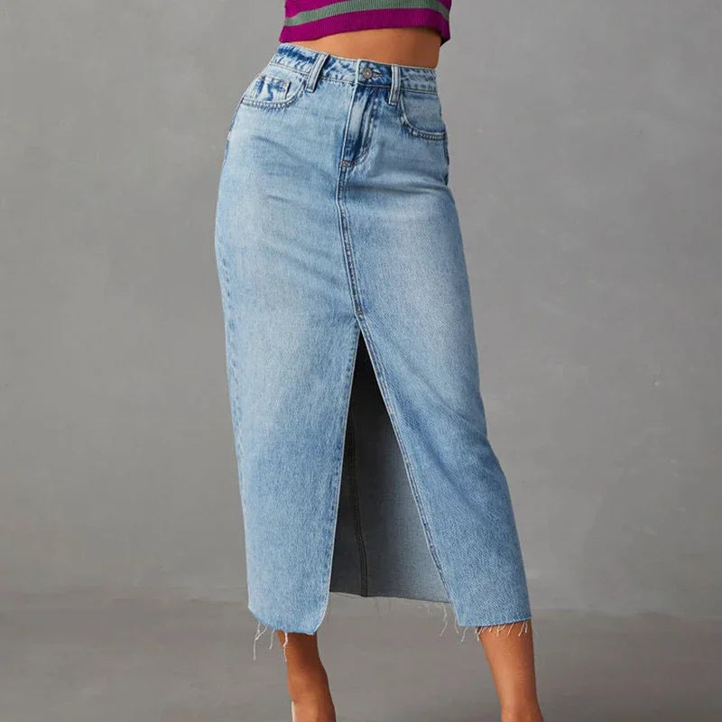 Washed Denim Split Midi Skirt - Vintage A-Line Cut