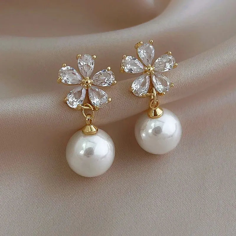 Rhinestone Flower Stud Earrings - Pearl Detail Party Style