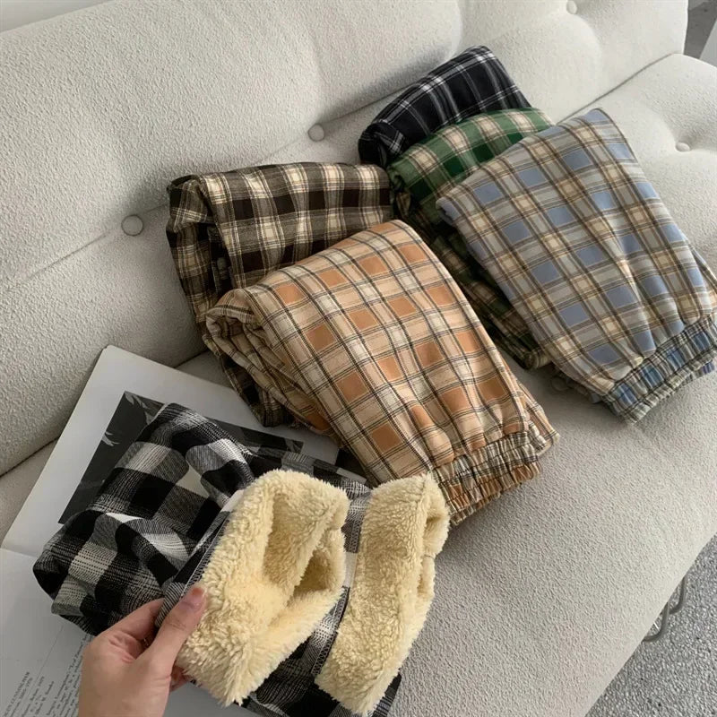 Fleece Lined Plaid Trousers - Straight Winter Fit