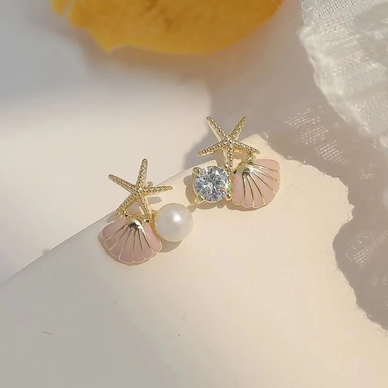 Shell Starfish Stud Earrings - Asymmetric Pearl Accent