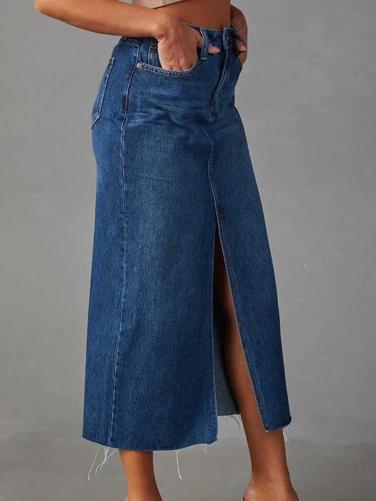 Washed Denim Split Midi Skirt - Vintage A-Line Cut