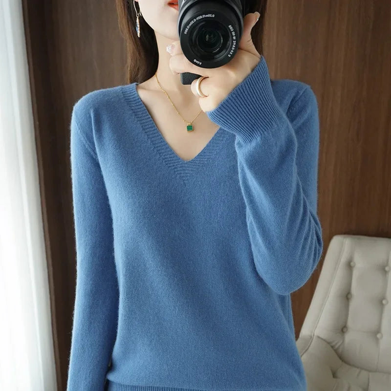 V-Neck Solid Knit Sweater - Warm Casual Pullover