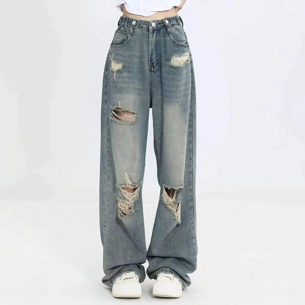 Ripped High-Waist Wide-Leg Jeans - American Retro Wash