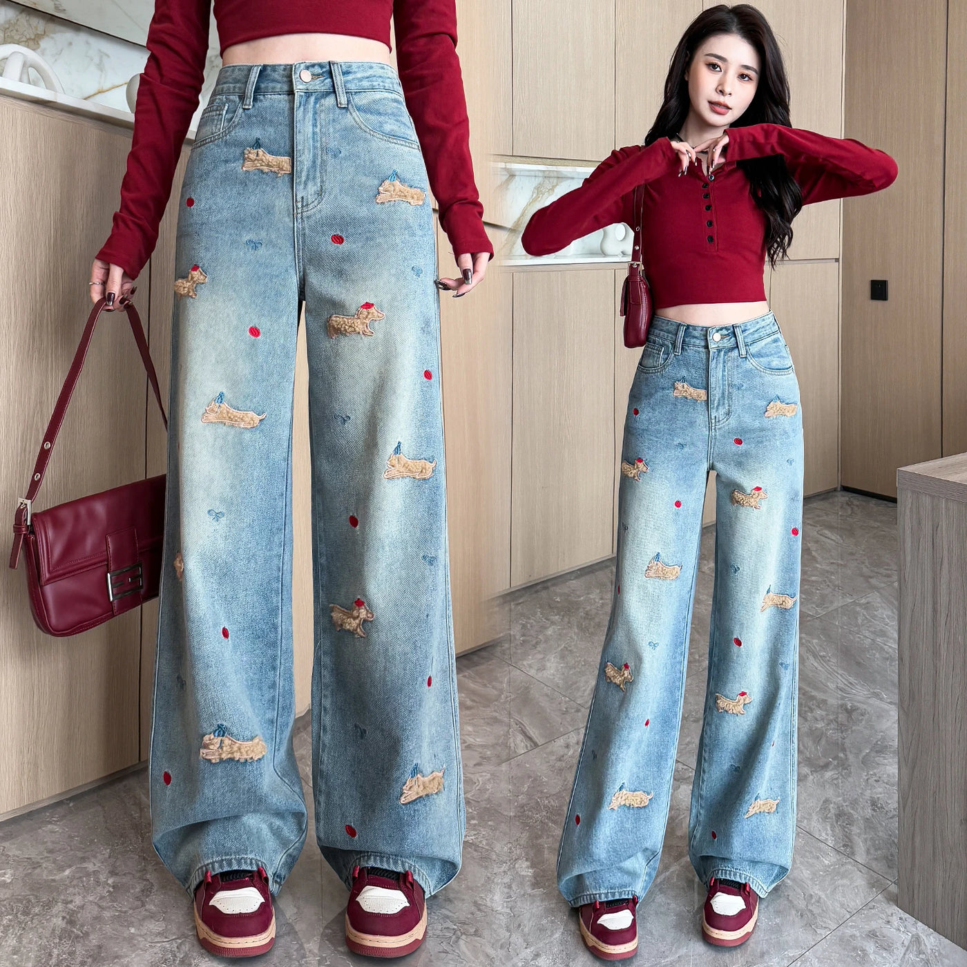 Embroidered Dog Straight-Leg Jeans - Korean Casual Denim