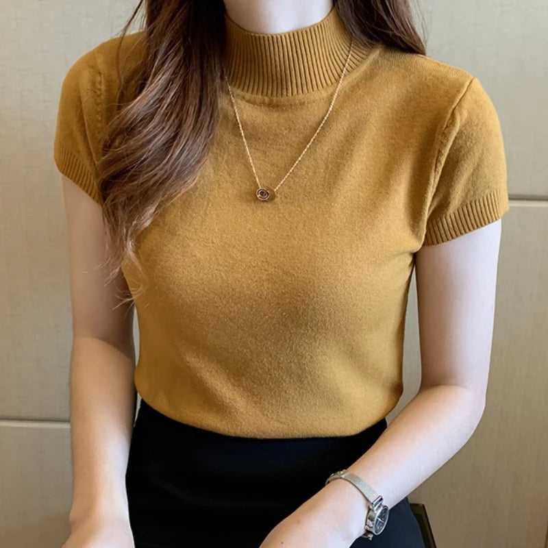 Half-High Neck Knit Tee - Korean Style One-Size Top