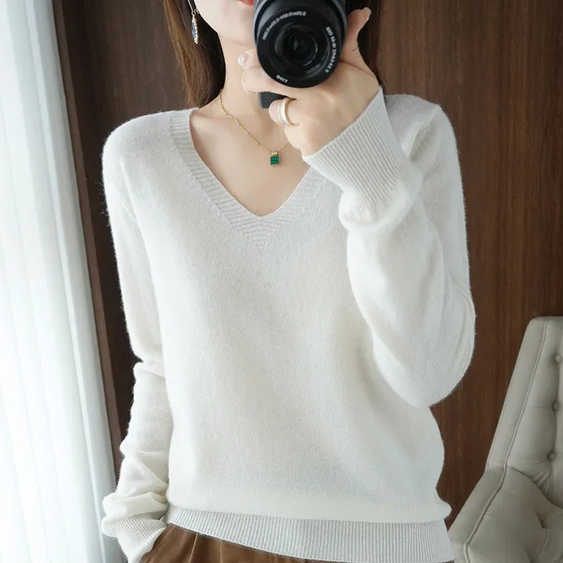 V-Neck Solid Knit Sweater - Warm Casual Pullover