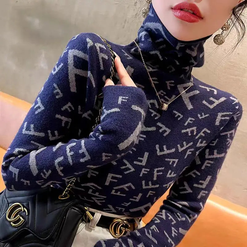 Half-High Collar Letter Knit Sweater - Slim Long Sleeve Top
