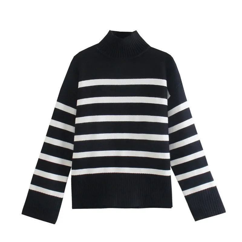 Striped Turtleneck Sweater - Long Sleeve Loose Knit Jumper