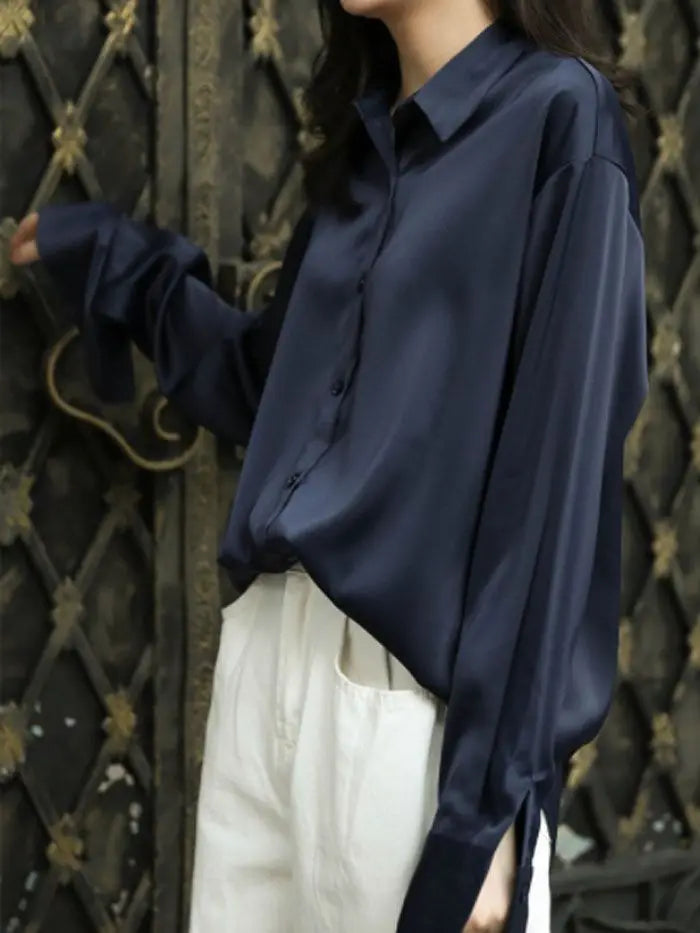 Vintage Button-Up Shirt - Long Sleeve Loose Blouse