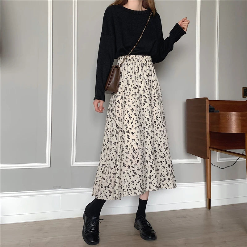 Floral Pleated Midi Skirt - Drawstring A-Line Style