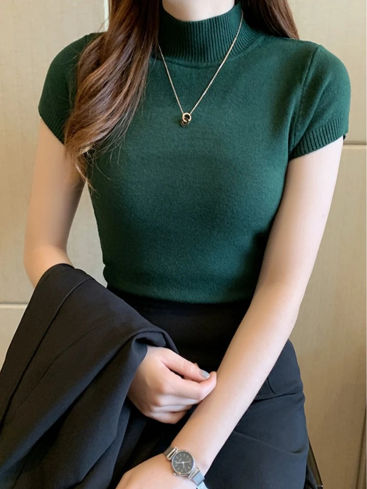 Half-High Neck Knit Tee - Korean Style One-Size Top