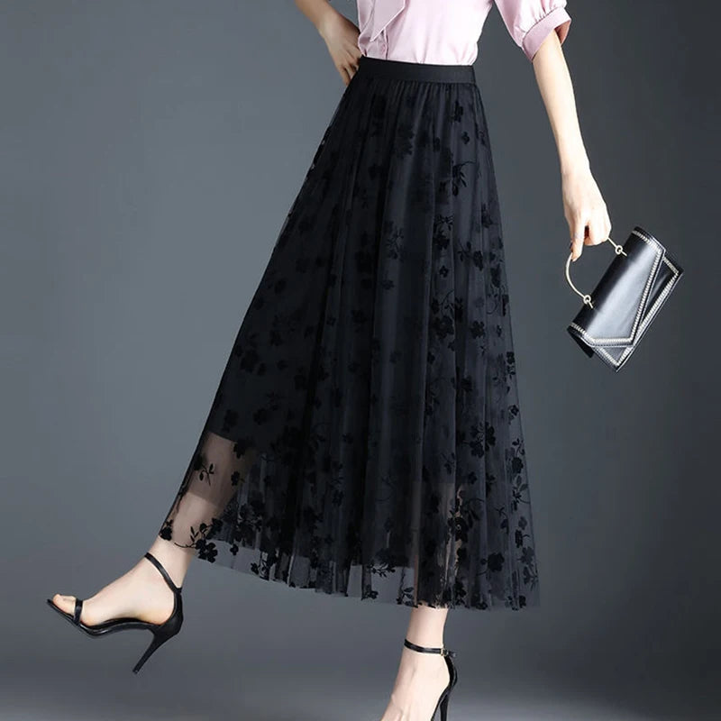 Floral Tulle Midi Skirt - Light Mesh Layered Style