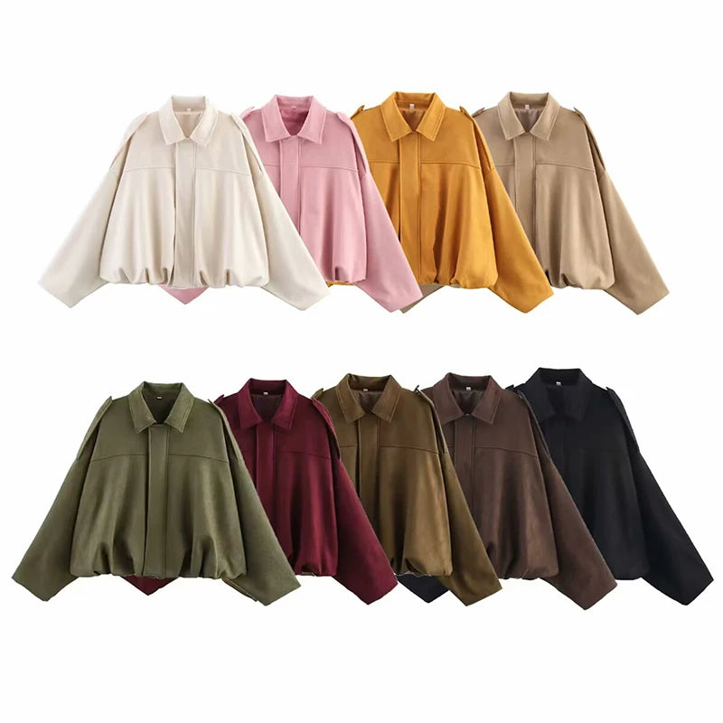 Suede Texture Bomber Jacket - Relaxed Lapel Style