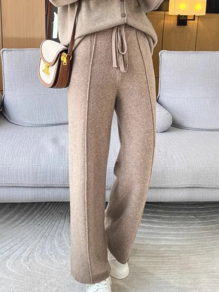 Knitted Wide Leg Pants - High Waist Relaxed Fit