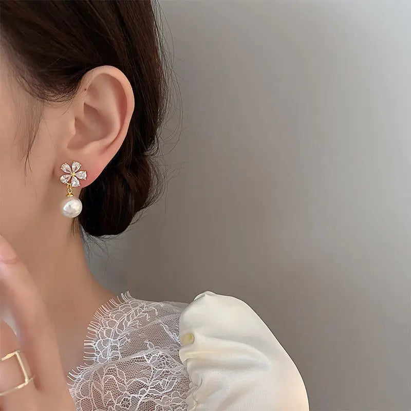 Rhinestone Flower Stud Earrings - Pearl Detail Party Style