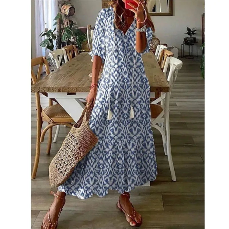 Floral Bohemian Maxi Dress - Drawstring V-Neck