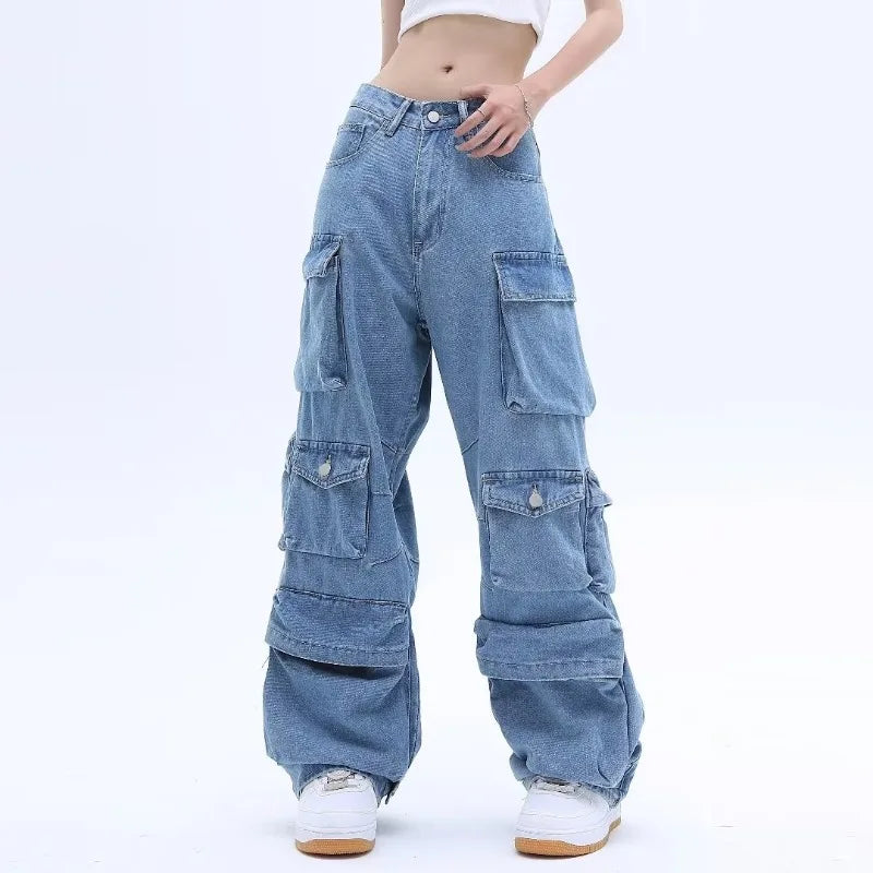 Washed Multi-Pocket Cargo Jeans - High-Waist Wide-Leg Fit