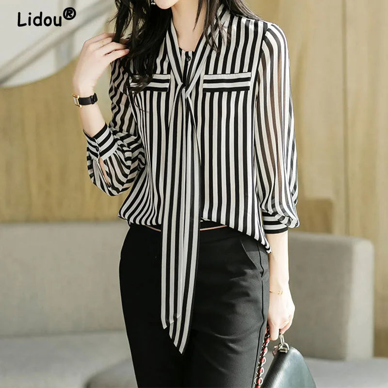 Striped Long Sleeve Blouse - Office Lady Temperament Shirt