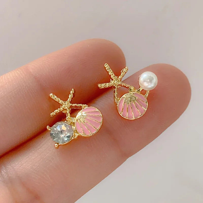 Shell Starfish Stud Earrings - Asymmetric Pearl Accent