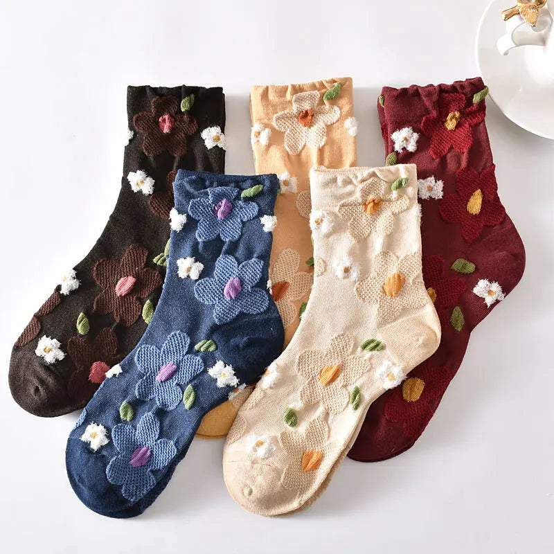 5-Pair Embroidered Flower Socks Set - Harajuku Retro Style
