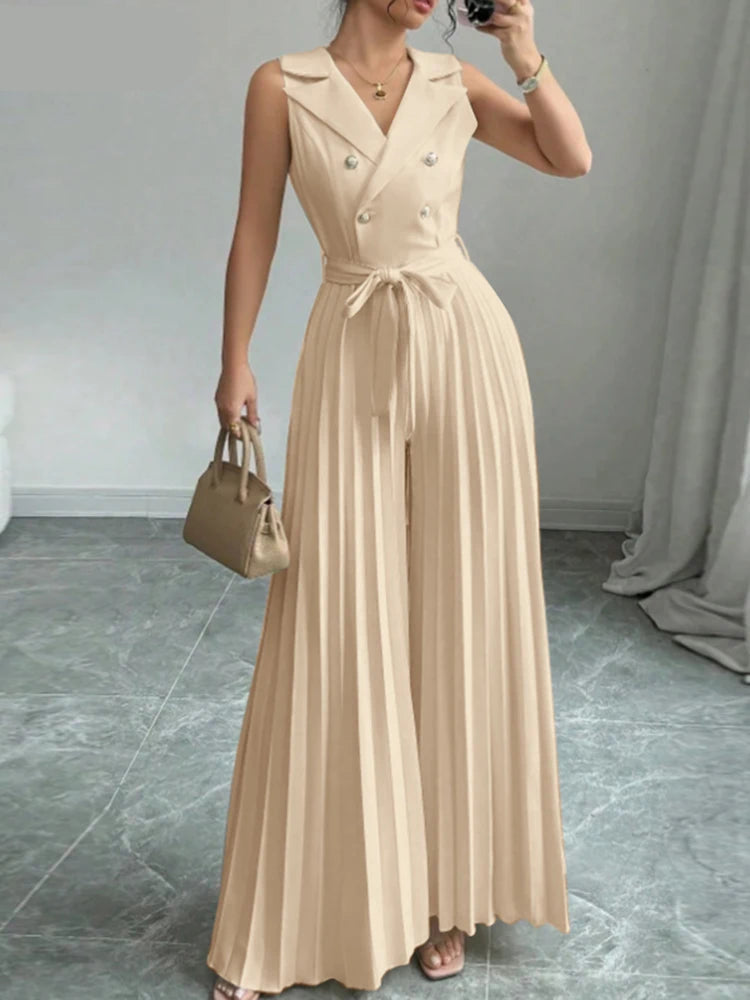 Sleeveless Pleated Wide-Leg Jumpsuit - Office Ready One-Piece