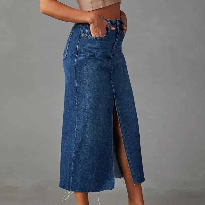 Washed Denim Split Midi Skirt - Vintage A-Line Cut