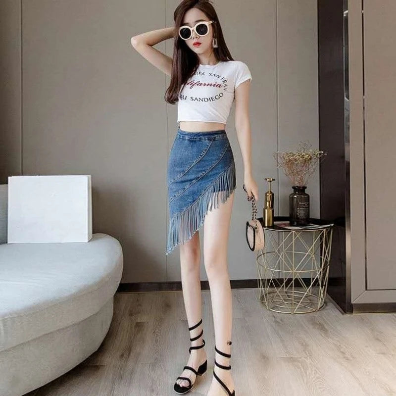 High Waist Fringe Denim Skirt - Coquette Streetwear