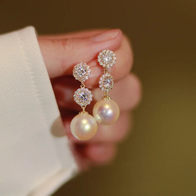 Rhinestone Flower Stud Earrings - Pearl Detail Party Style