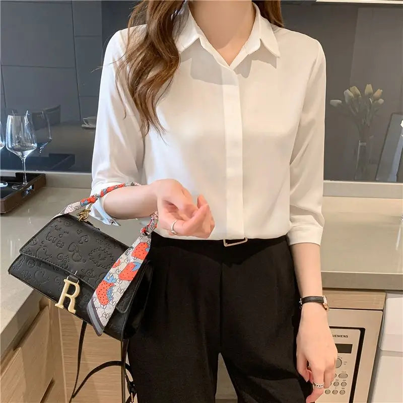 Solid Button-Front Blouse - Turn-Down Collar Loose Shirt