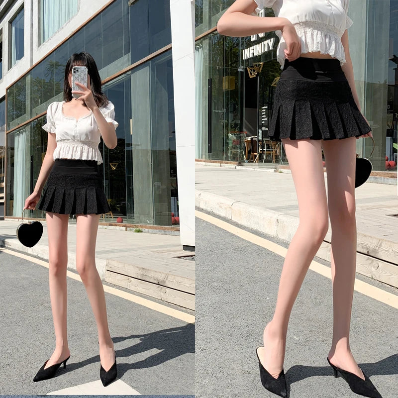Lace Detail Pleated Mini Skirt - Sweet High Waist