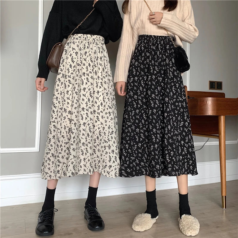 Floral Pleated Midi Skirt - Drawstring A-Line Style