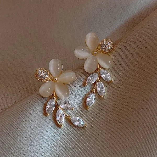 Rhinestone Flower Stud Earrings - Pearl Detail Party Style