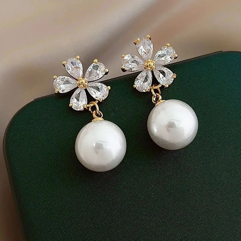 Rhinestone Flower Stud Earrings - Pearl Detail Party Style