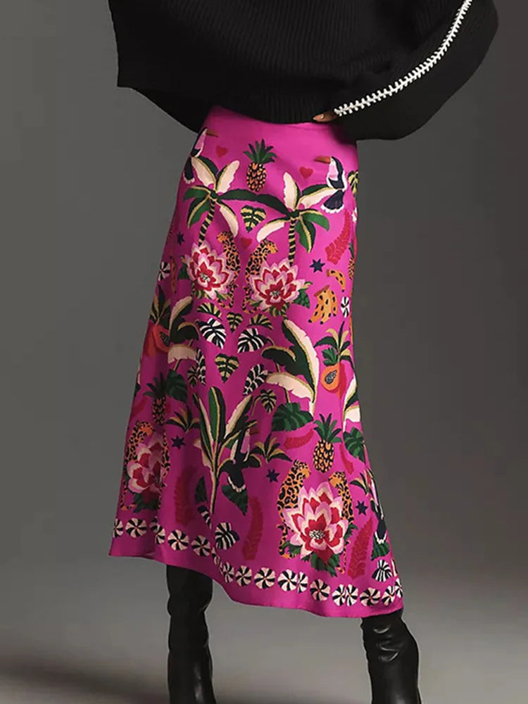 Botanical Print A-Line Skirt - Zipper Waist Design