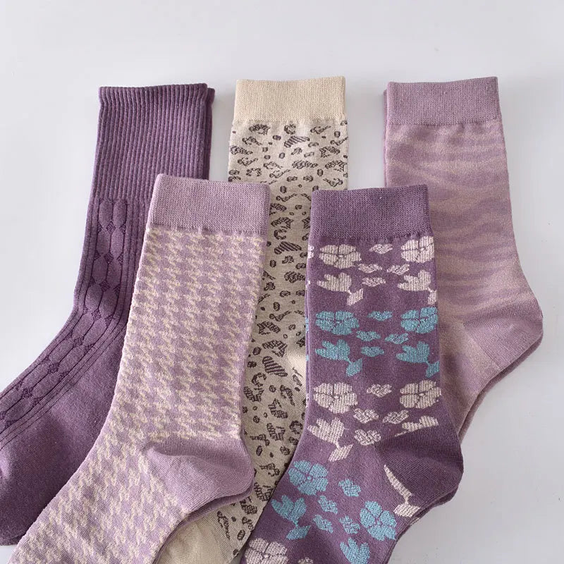 5-Pair Embroidered Flower Socks Set - Harajuku Retro Style
