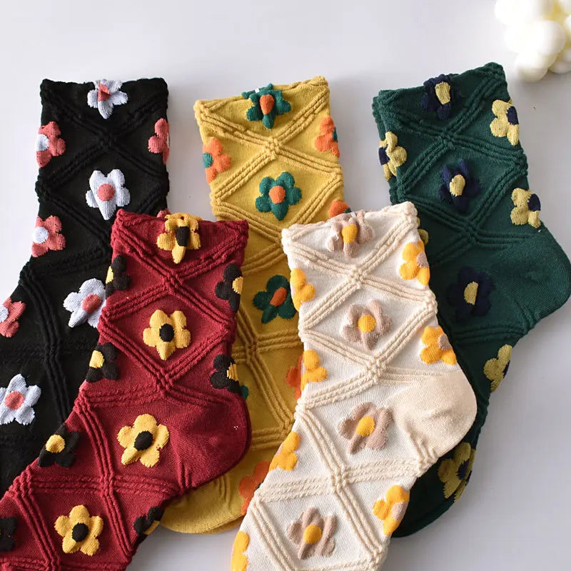 5-Pair Embroidered Flower Socks Set - Harajuku Retro Style