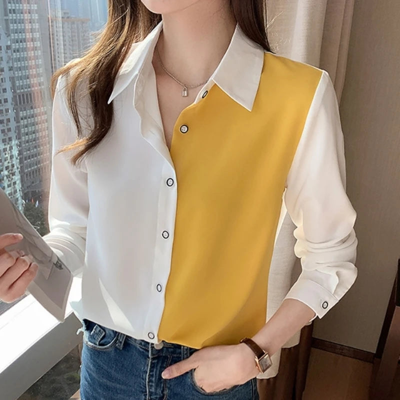 Solid Button-Front Blouse - Turn-Down Collar Loose Shirt