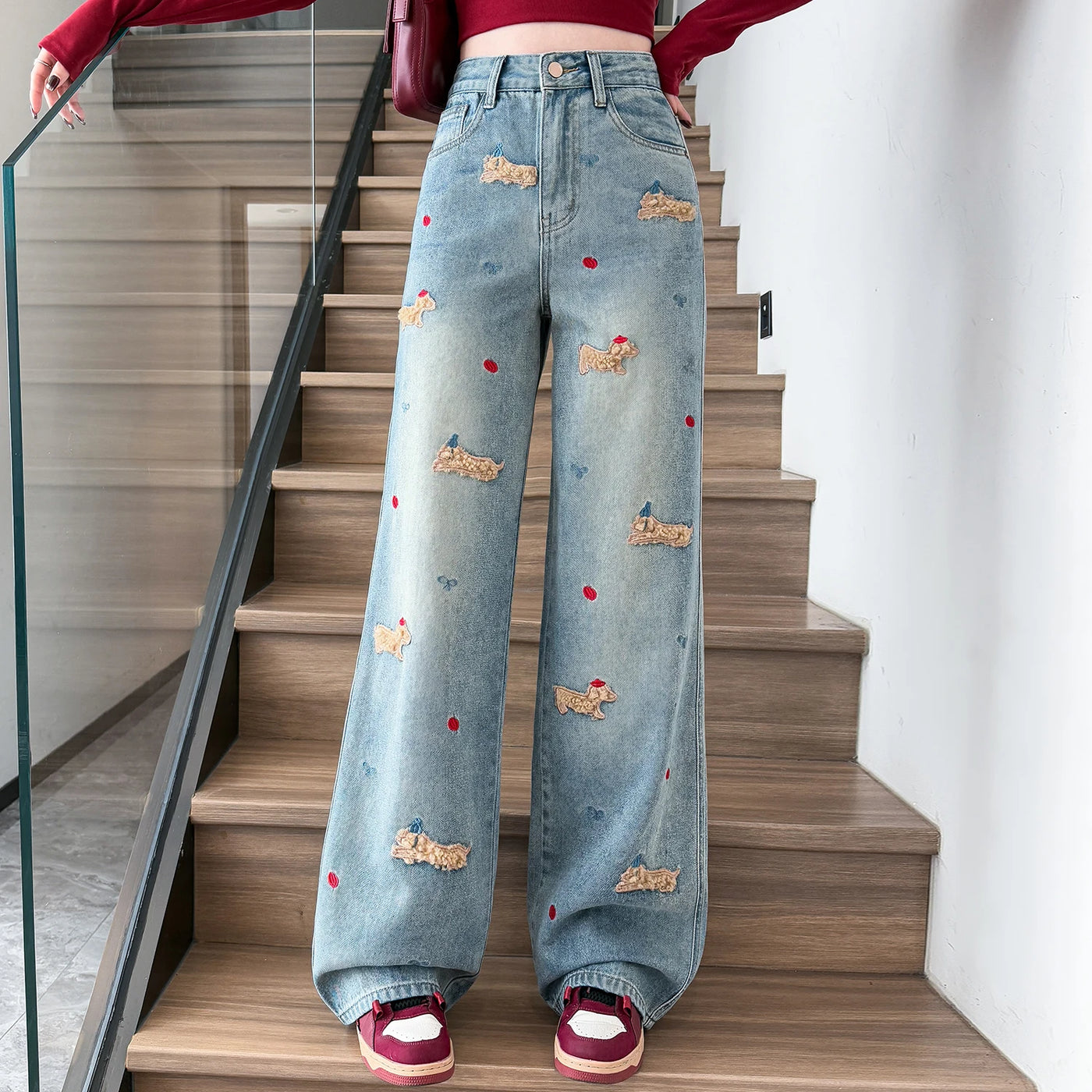 Embroidered Dog Straight-Leg Jeans - Korean Casual Denim