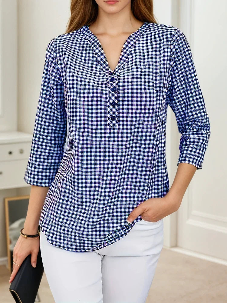 ROSA FERA Gingham V-Neck Top