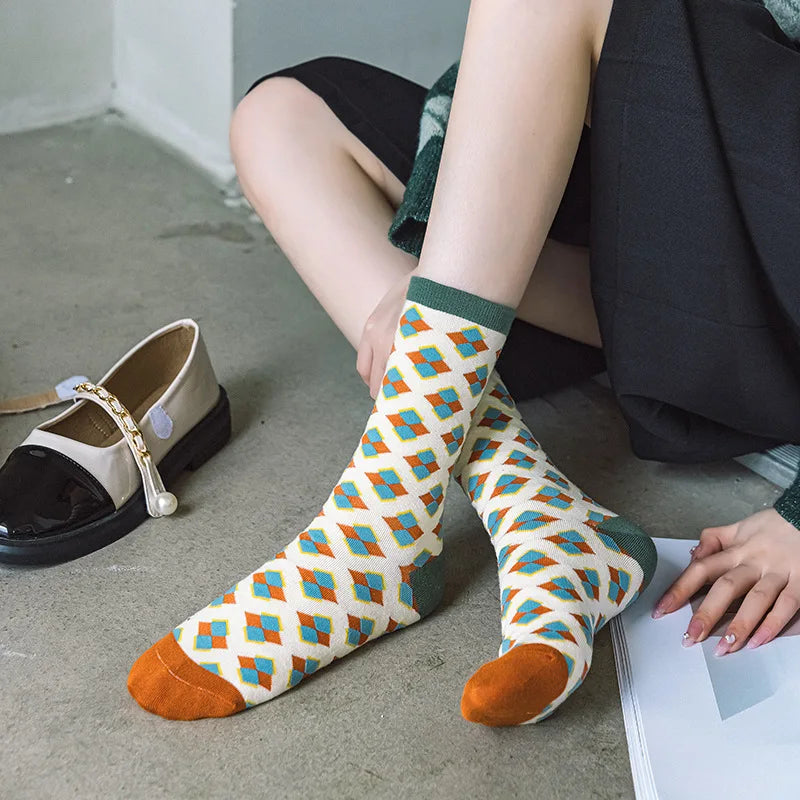 Diamond Flower Pattern Socks - Colorful Long Pair