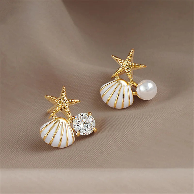Shell Starfish Stud Earrings - Asymmetric Pearl Accent